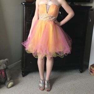 Strapless Pink and Yellow Tulle Prom Dress